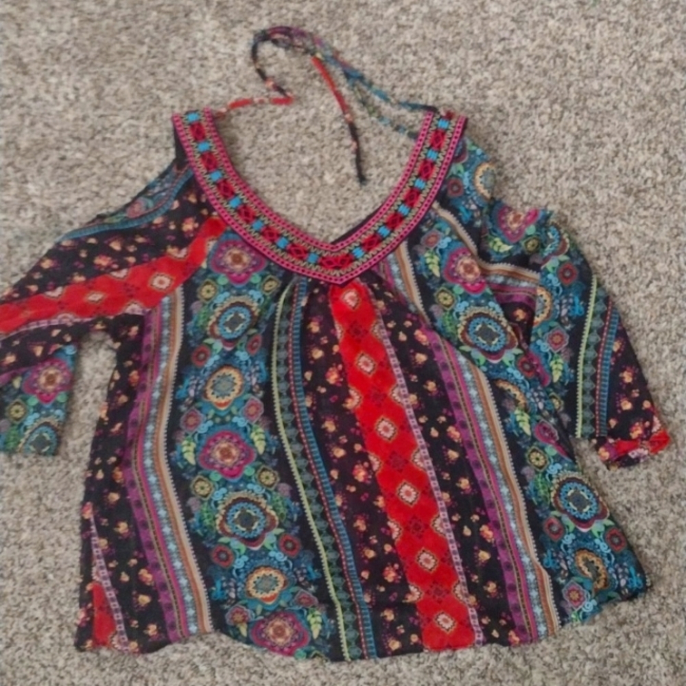 Multicolored print off the shoulder top